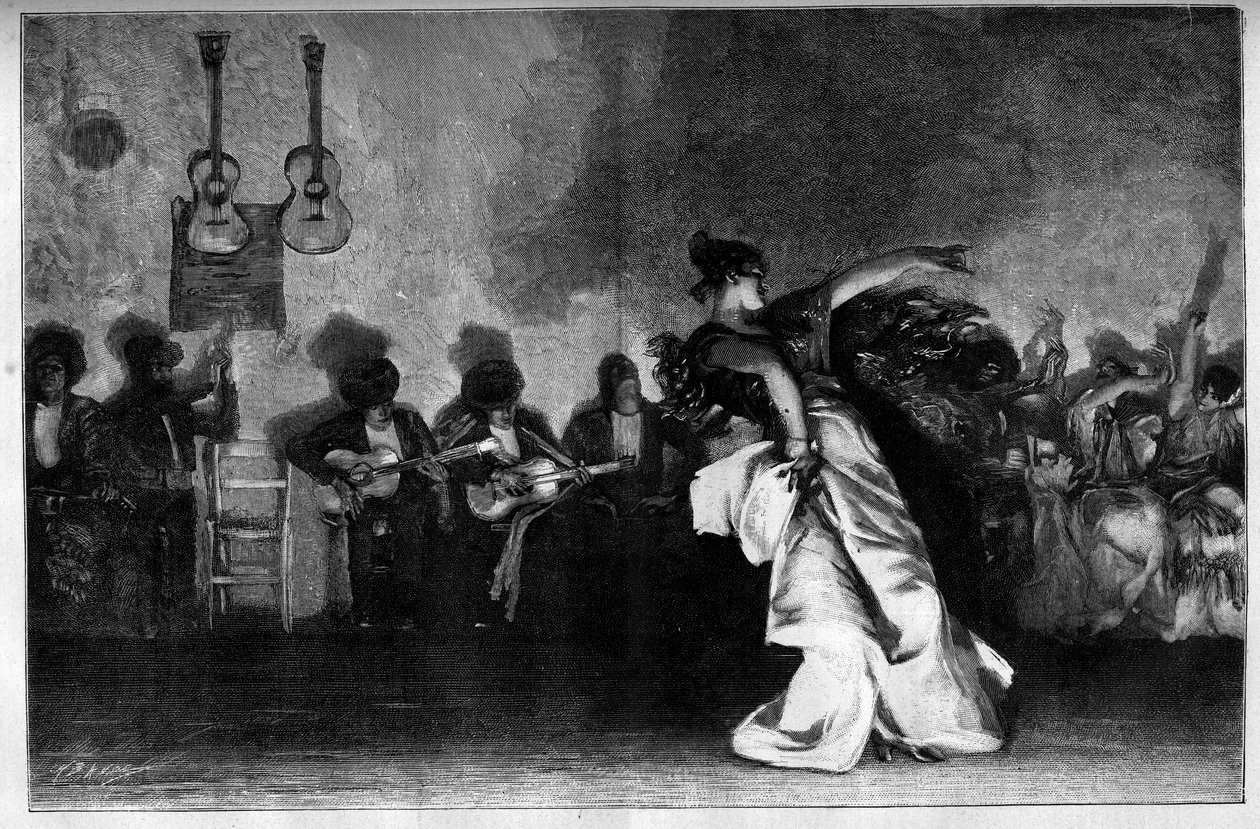 El Jaleo - Gypsy Dances. Gitarrister och flamencodansare. Gravyr efter målningen av John Singer Sargent (1856-1925) i "" The Illustrous World"" nr 1335 den 28 oktober av John Singer (after) Sargent