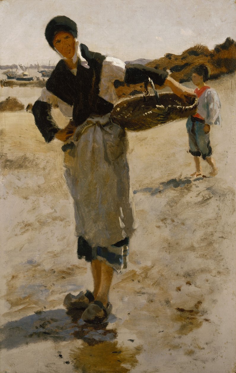 Bretonsk kvinna med en korg, skiss för ostronsamlare i Cancale av John Singer Sargent