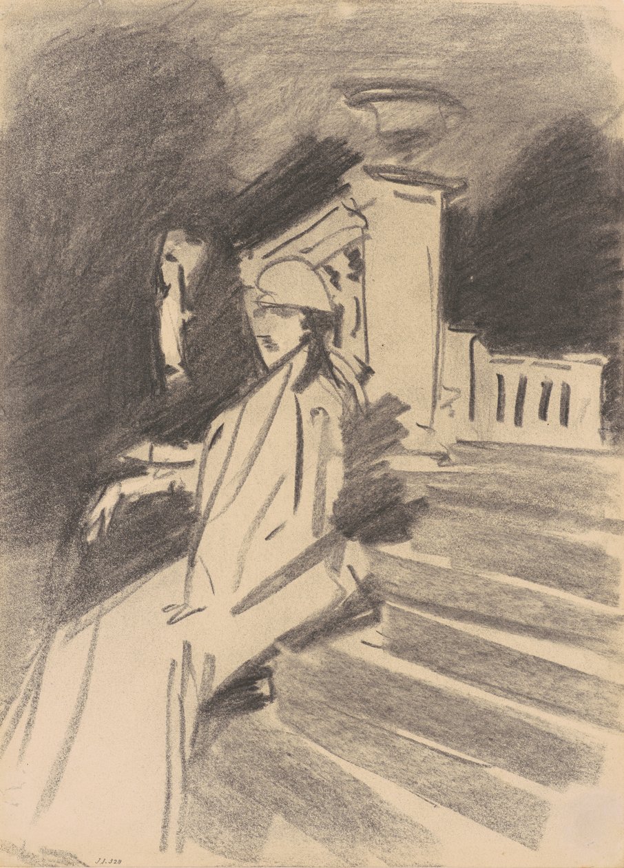 Vid fontänen, Villa Torlonia, Frascati, ca 1907 (kol på vävt papper) av John Singer Sargent