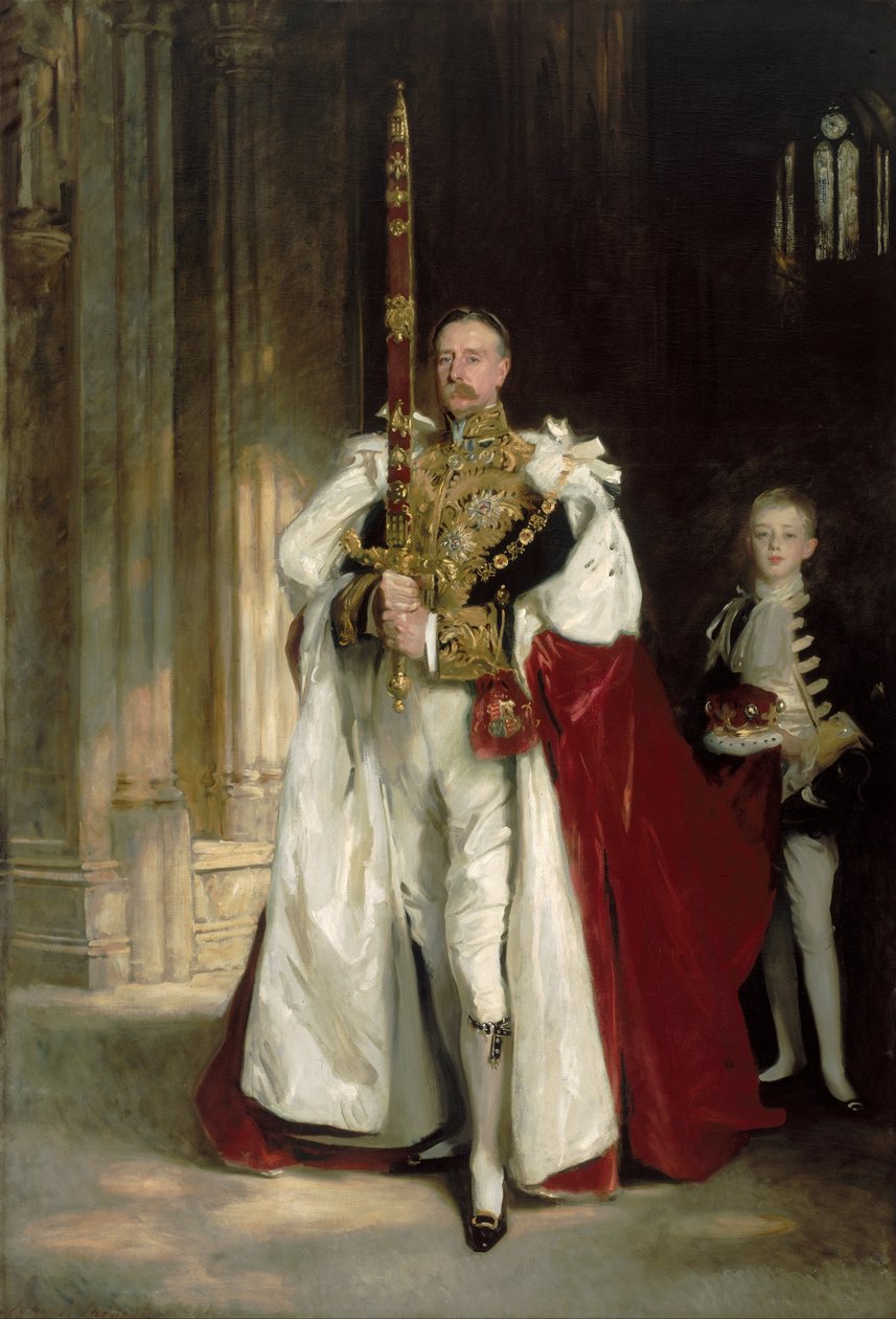 Charles Stewart, Londonderrys sjätte markis, bärande det stora statssvärdet vid kung Edvard VII:s kröning i augusti 1902, och herr W. C. Beaumont, hans page vid detta tillfälle av John Singer Sargent