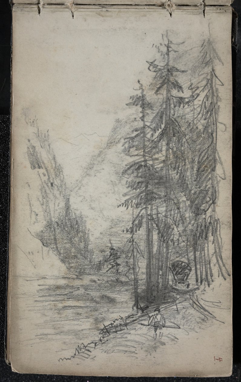 Bergslandskap med träd, 1871-72 (grafit på mörkt benvitt vävt papper) av John Singer Sargent