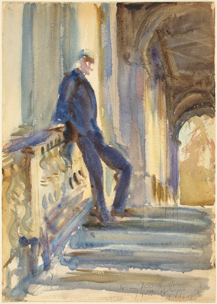 Sir Neville Wilkinson på trappan till Palladian Bridge vid Wilton House av John Singer Sargent