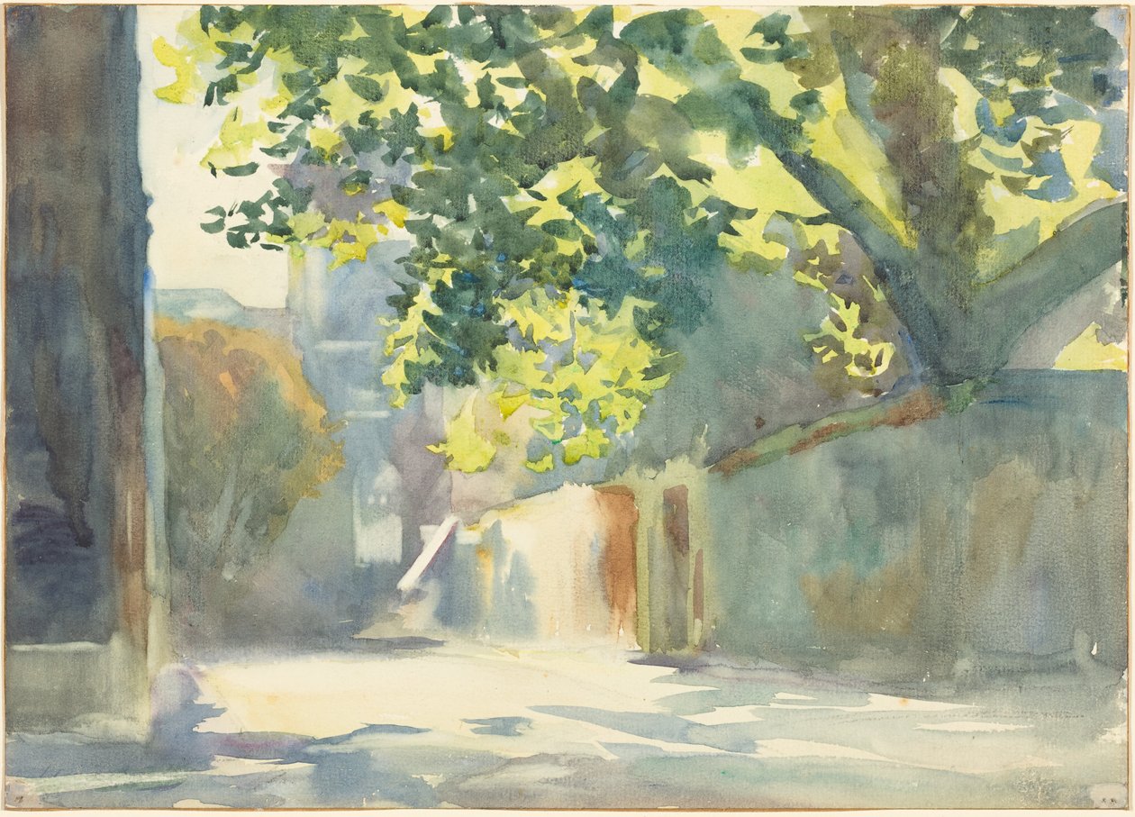 En solbelyst vägg under ett träd av John Singer Sargent