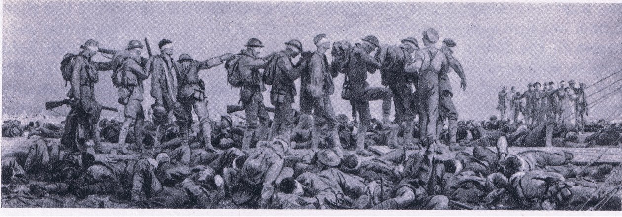 Omklädningsstationen. Förluster från Mustard Gas, från British Adventure publicerad av Collins, 1947 av John Singer Sargent