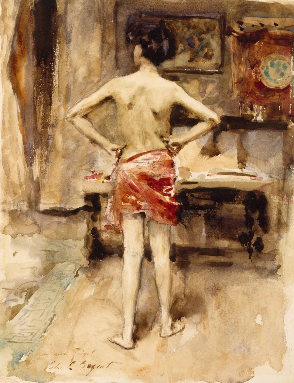Modellen, 1876 (wc över grafitpenna på vävt papper) av John Singer Sargent