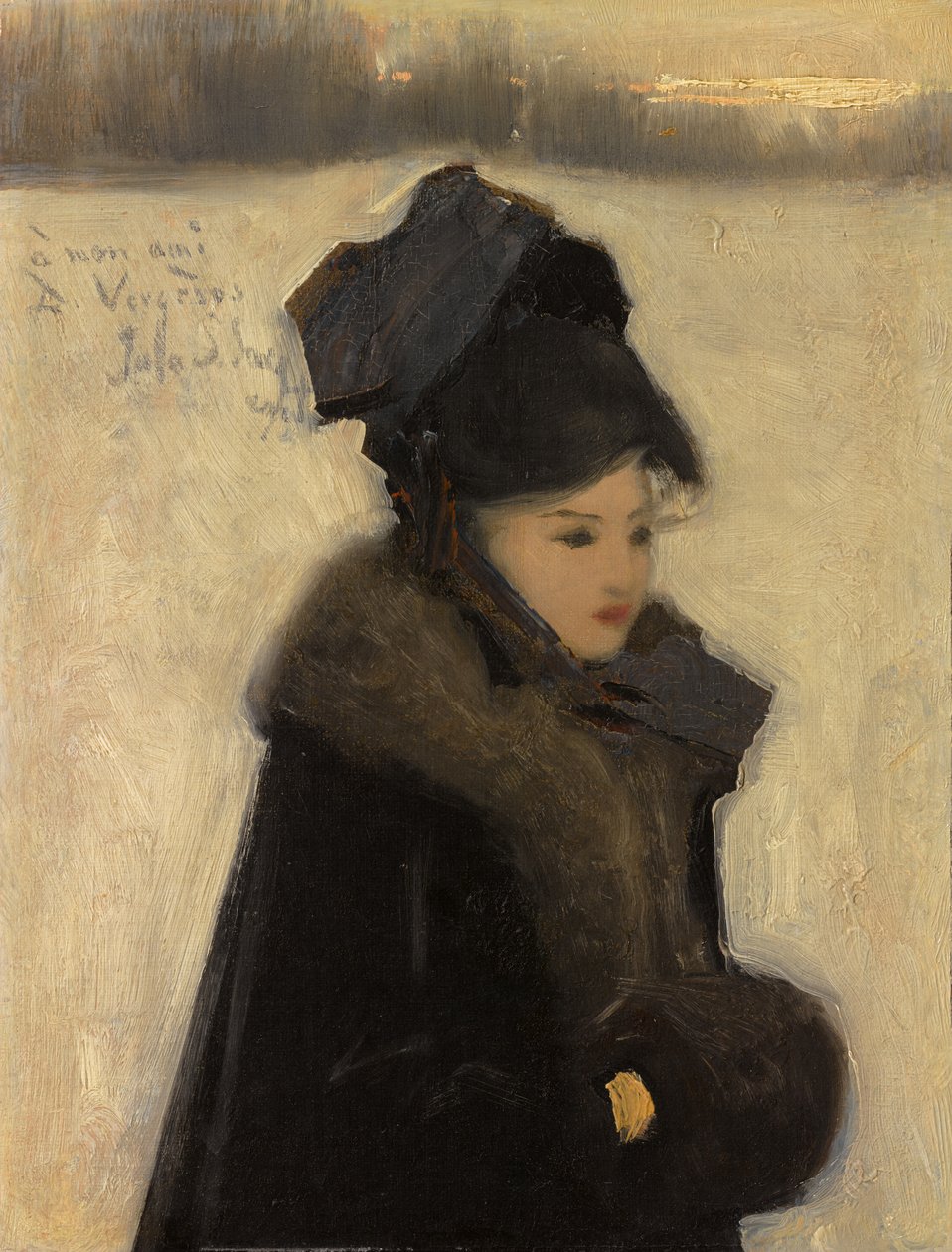 Kvinna med päls, ca 1880-85 (olja på duk) av John Singer Sargent