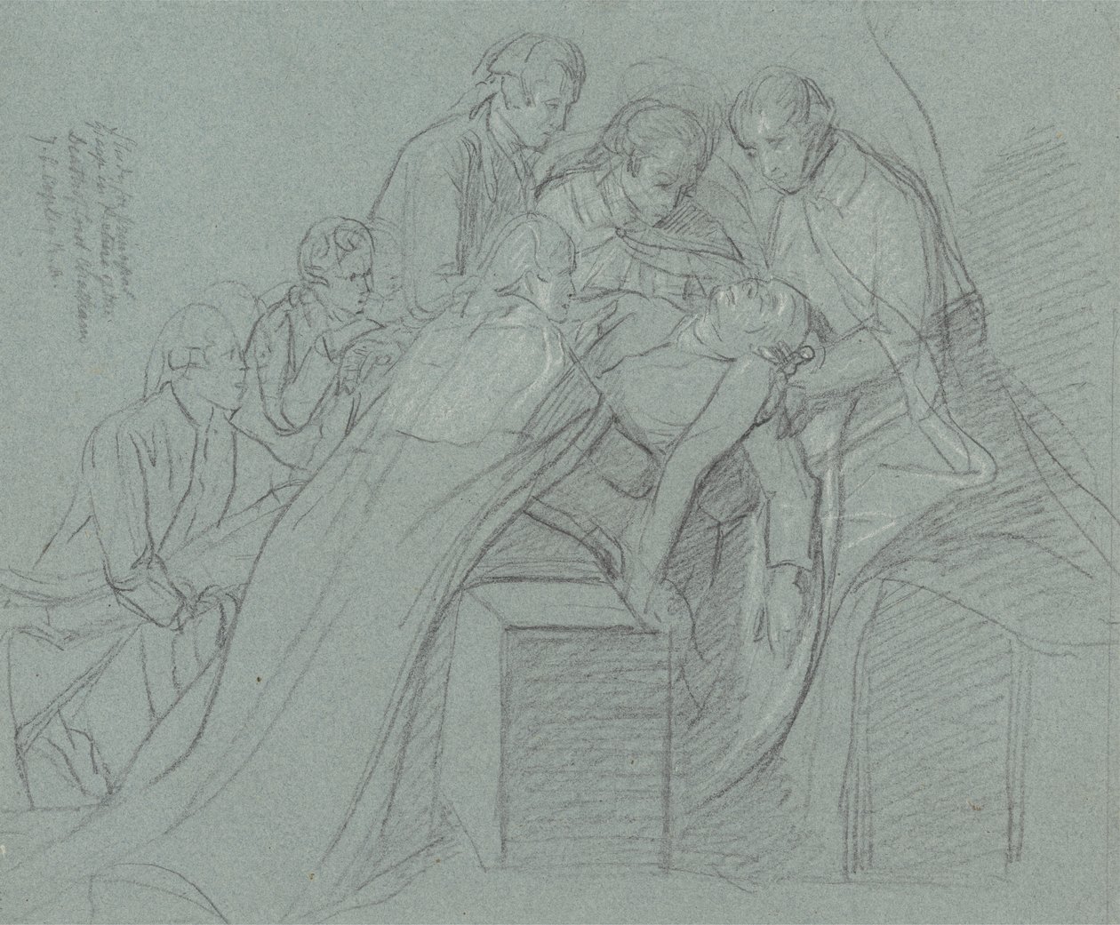 Studie för Central Group in the Death of Earl of Chatham (svart krita, förhöjd med vitt på blått papper) av John Singleton Copley