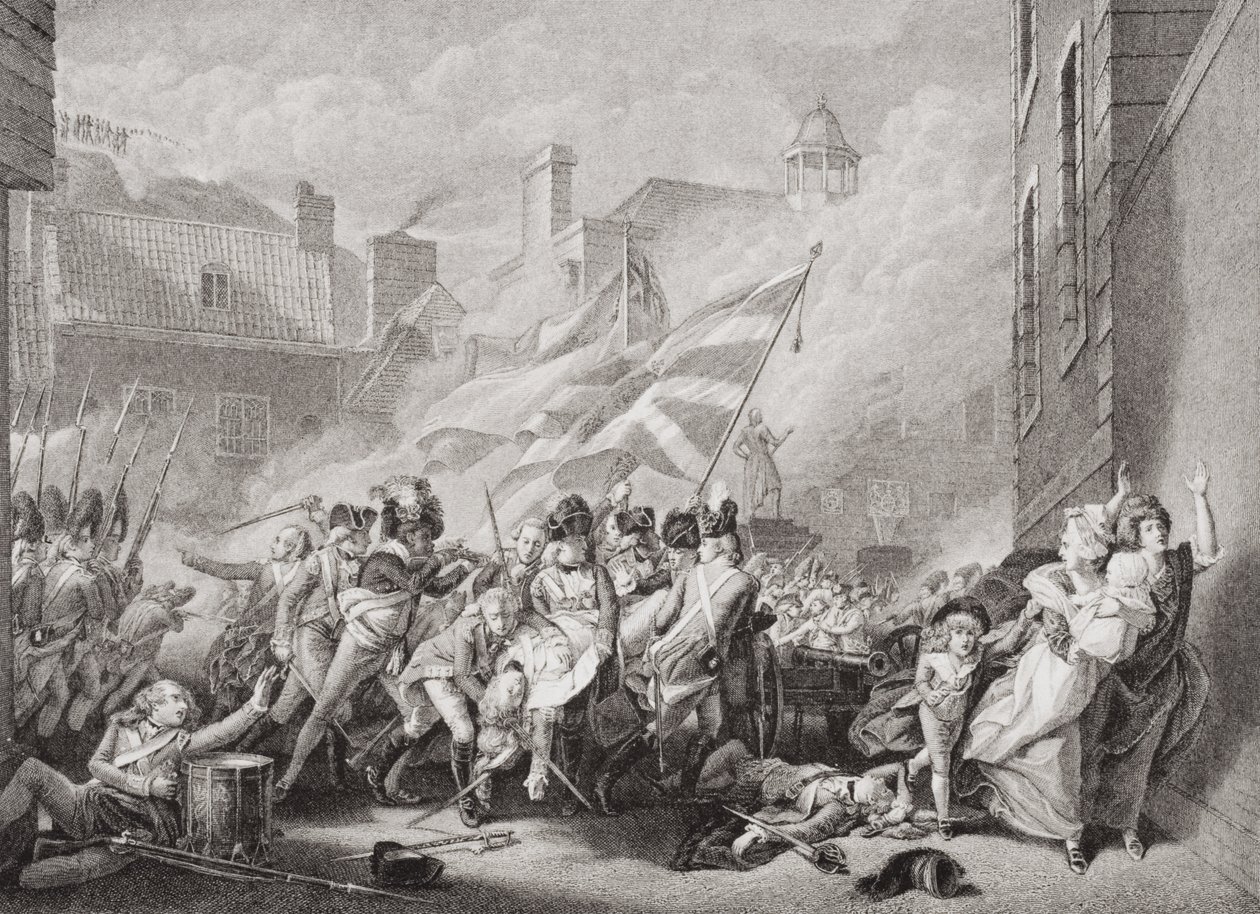 Major Peirsons död vid St. Helier, som återtog Jersey från fransmännen, 8 januari 1781, från `Illustrationer av engelsk och skotsk historia