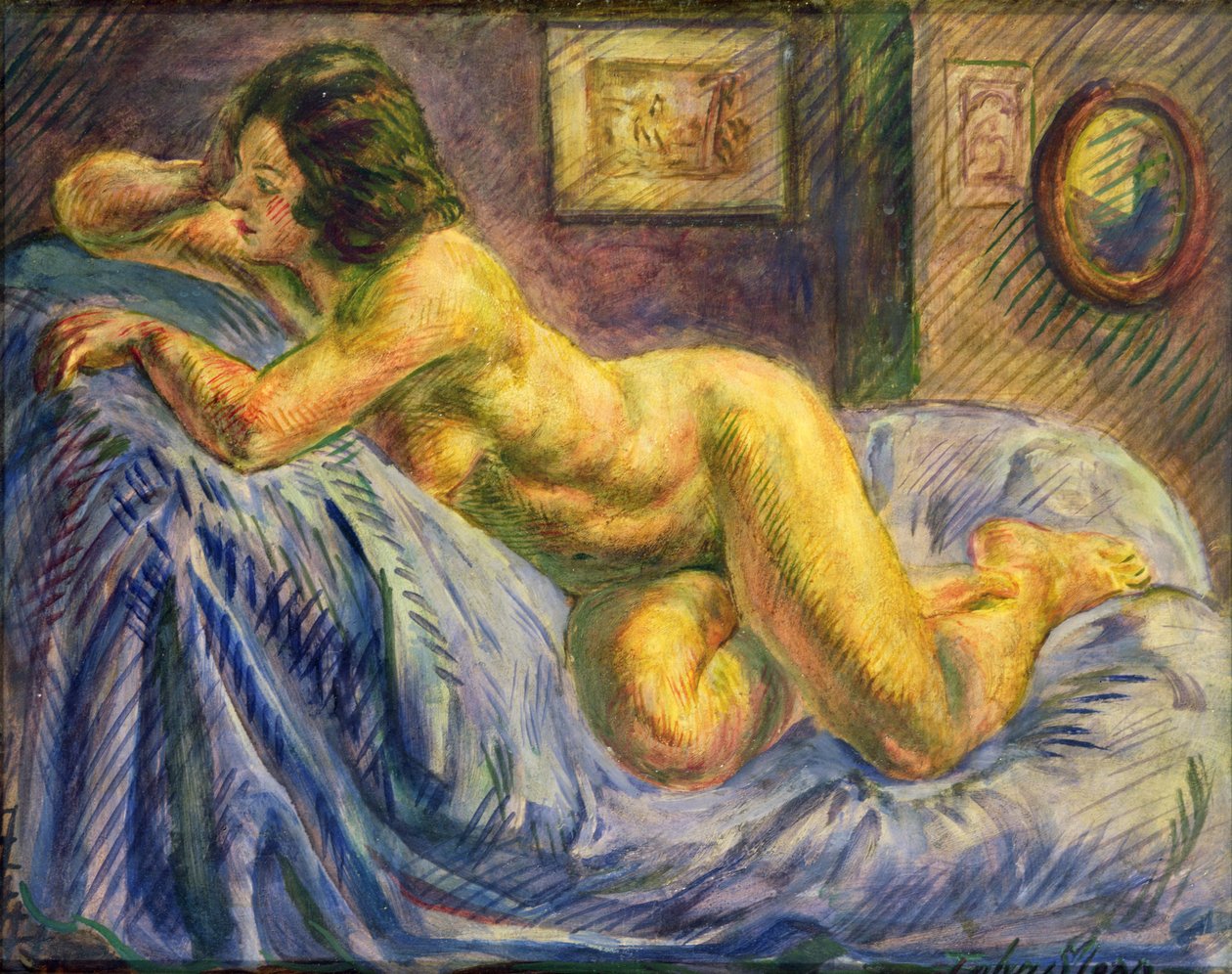 Naken på blå (olja på pannå) av John Sloan