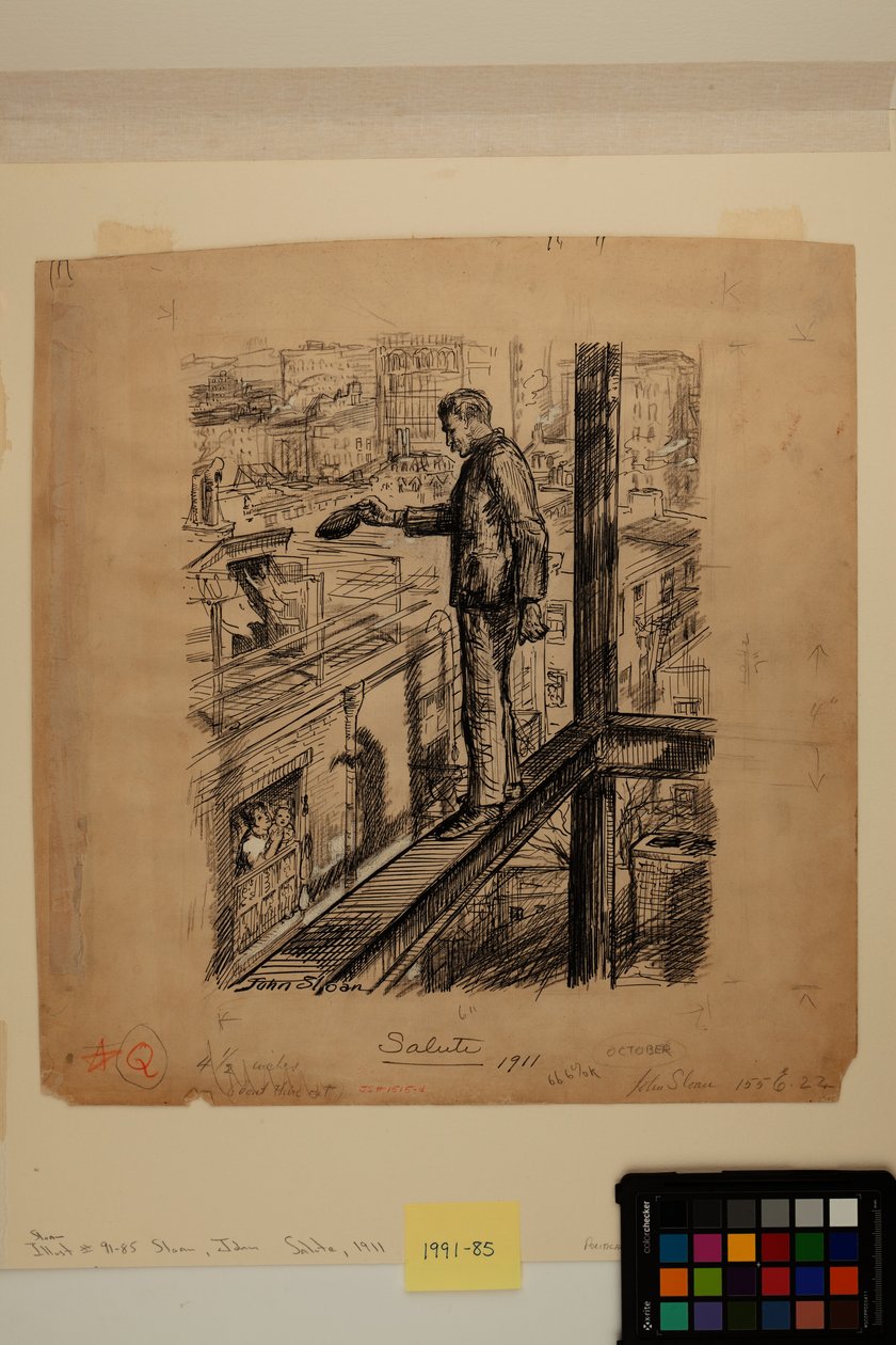 Salut, ca 1911 (bläck, kol & zinkvit färg på papper) av John French Sloan