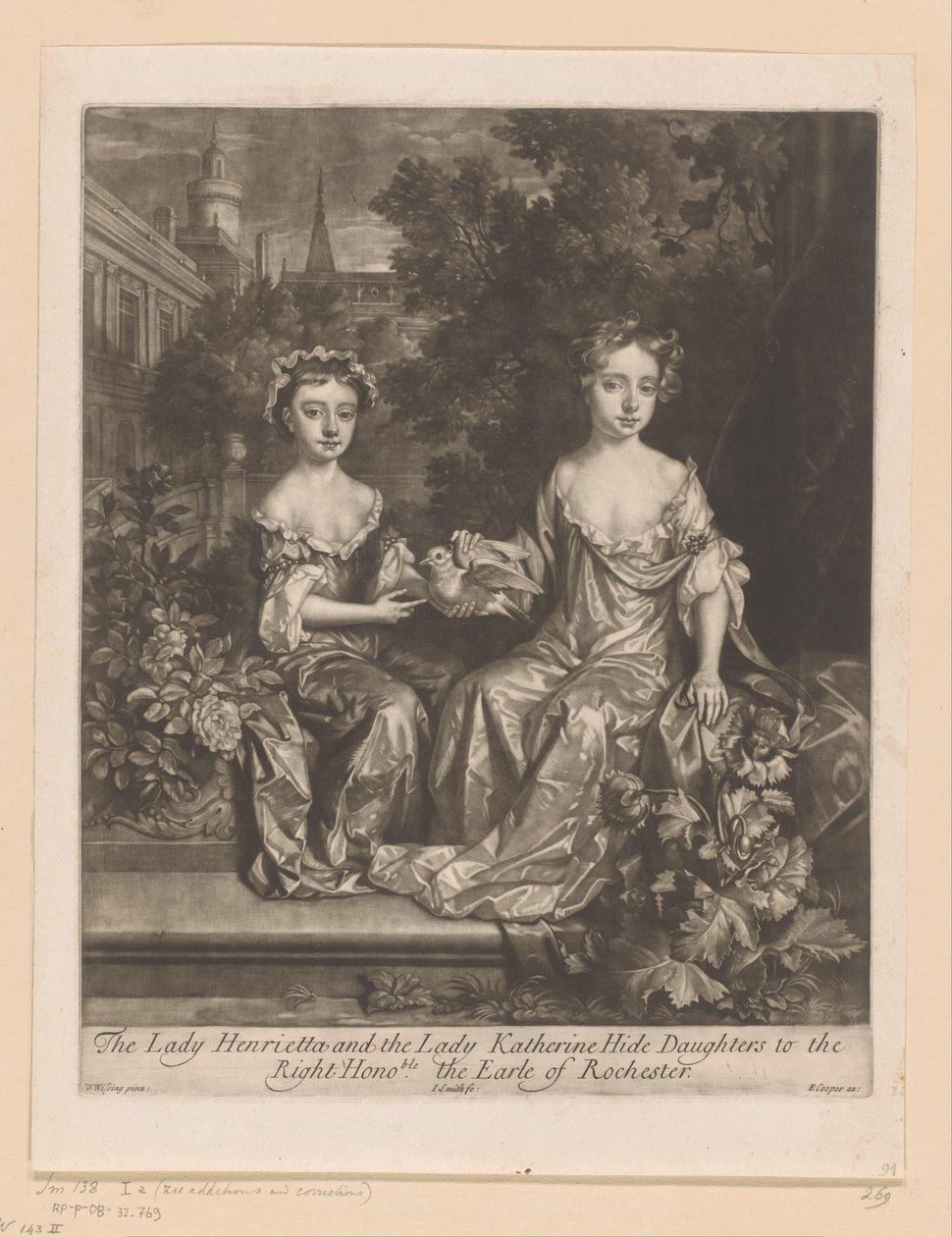 Portret av Henrietta och Katherine Hyde med en duif The Lady Henrietta and the Lady Katherine Hide Daughters to the Right Honourable Earle of Rochester (titel på objektet) av John Smith