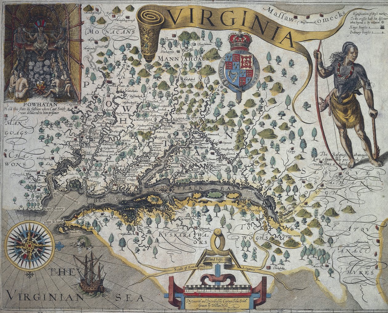Karta över Virginia: Infälld bild (överst till vänster) som visar interiören i indianhövdingen Powathans hydda, av John Smith (1580-1631) av John Smith