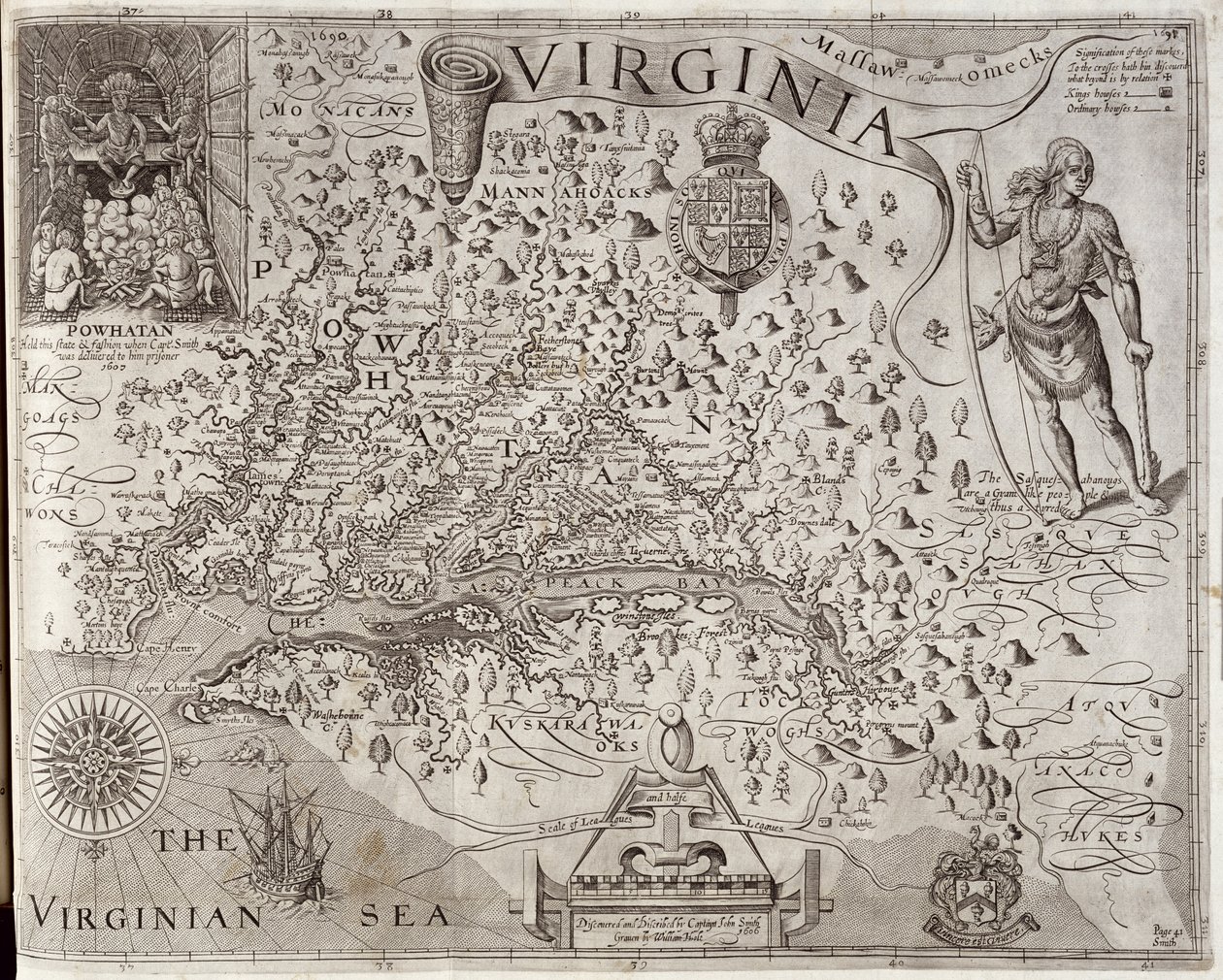 Karta över Virginia, upptäckt och beskriven av kapten John Smith, 1606, graverad av William Hole (fl. 1607-24), publicerad 1612 (se även 174212) av John Smith 2