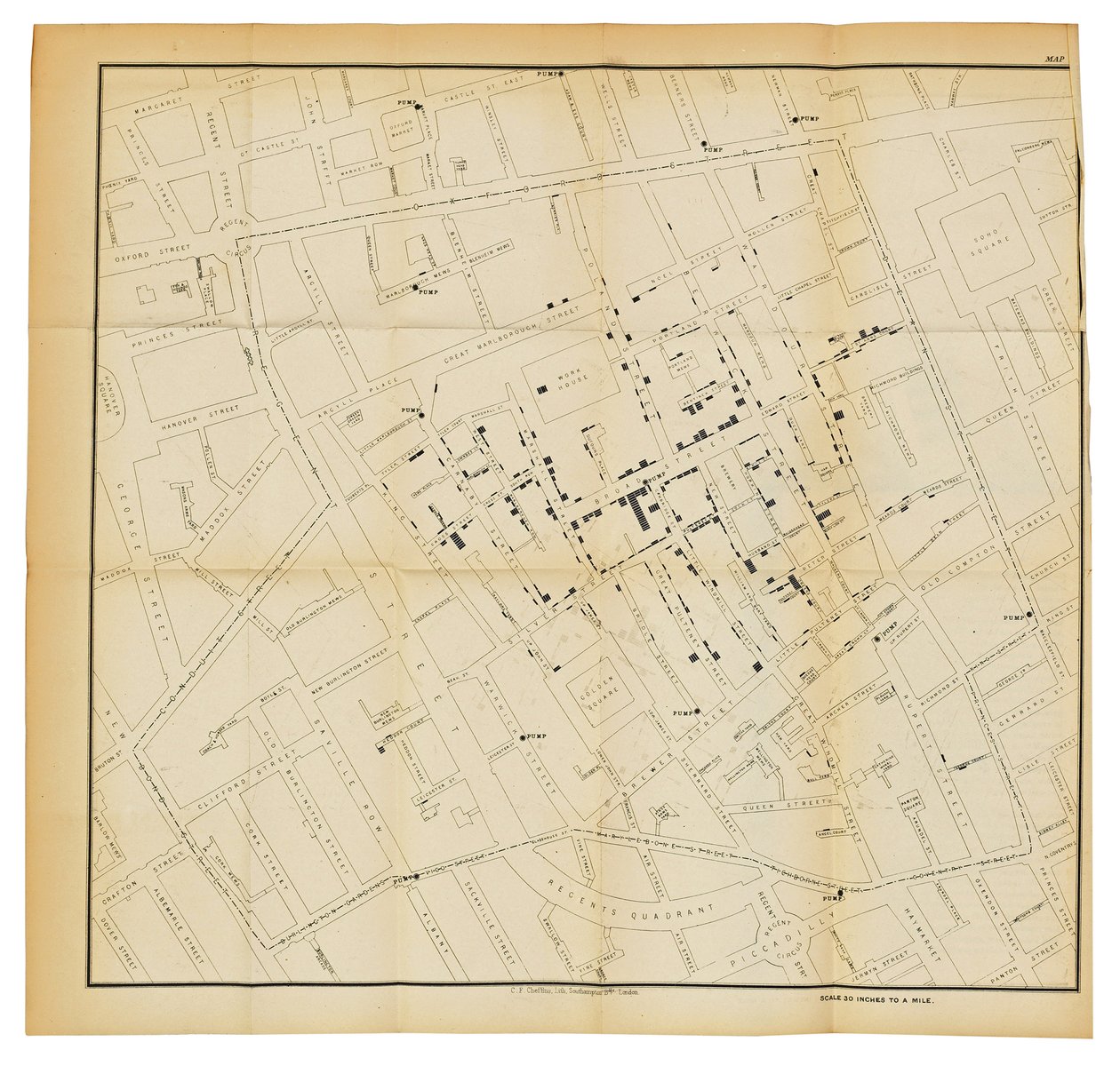 En karta från "On the Mode of Communication of Cholera", 1855 av John Snow