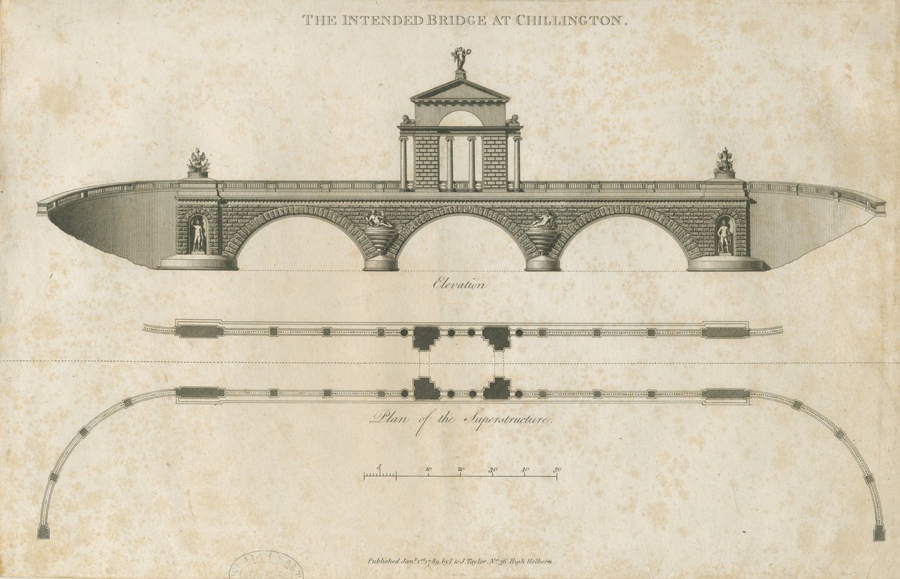 Chillington Park - Proposed Bridge: sepia ritning, nd [1789] av John Soane