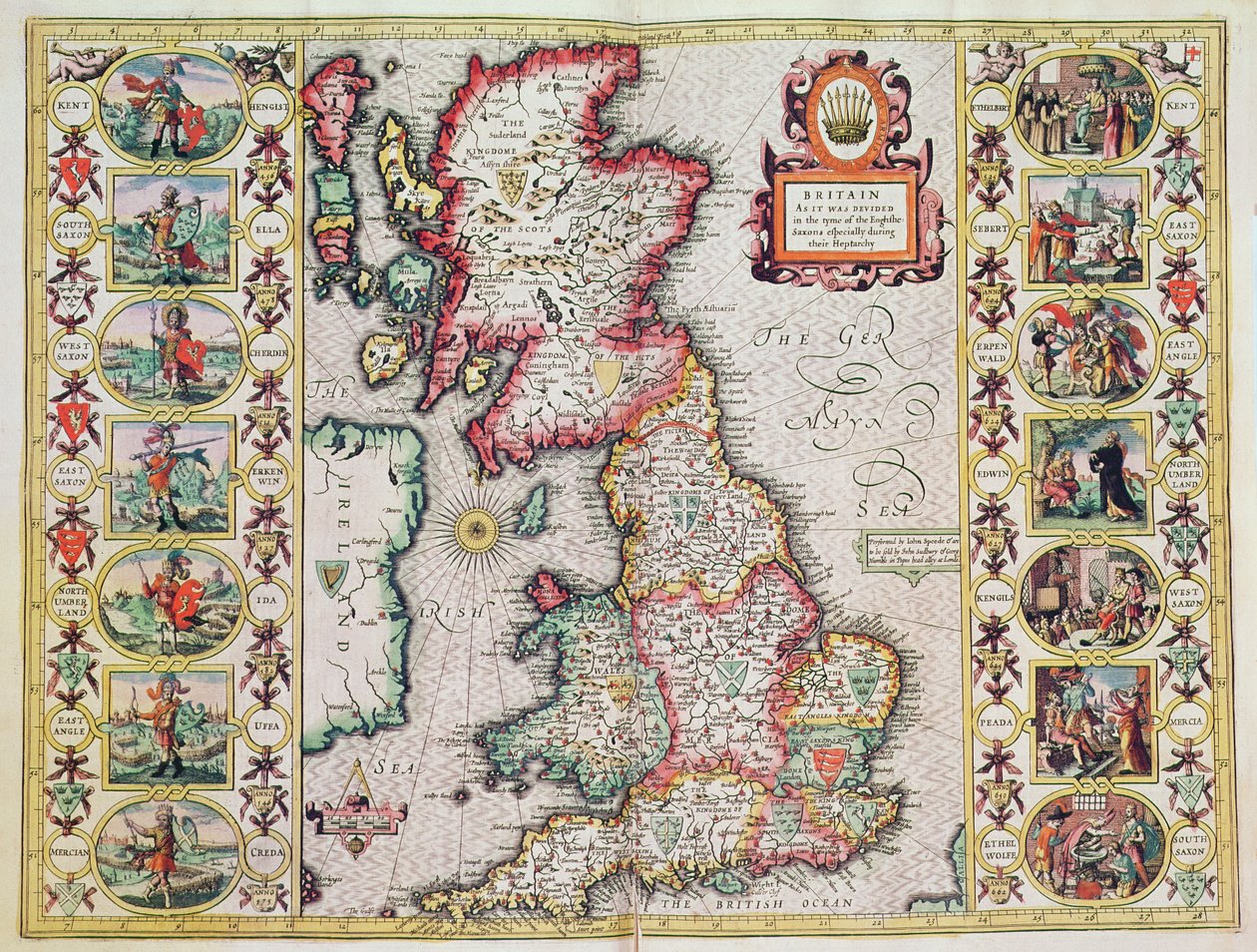 Storbritannien som det bestämdes under de engelska saxarnas tid, särskilt under deras heptarki (handfärgad koppargravyr) av John Speed
