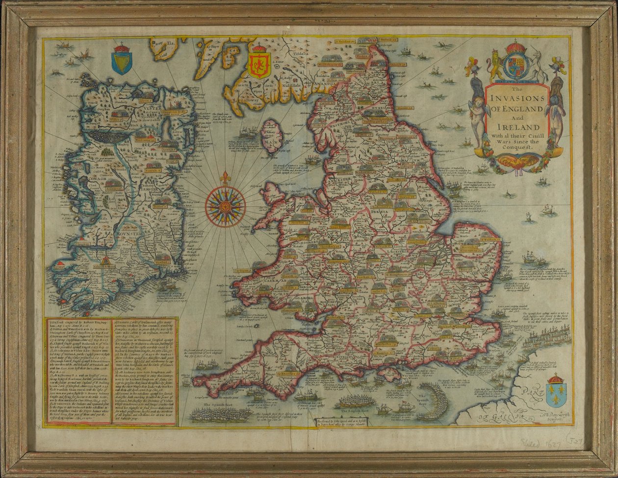 Karta som visar invasionerna av England och Irland Med al [sic] deras Civill [sic] Wars since the Conquest, c.1627 (handfärgad gravyr) av John Speed