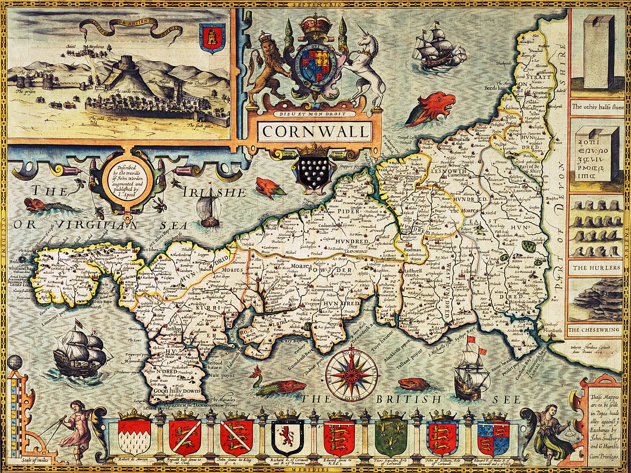Karta över Cornwall från "Theatre of the Empire of Great Britain", pub. i London av George Humble, 1627 års upplaga (handfärgad gravyr) av John Speed