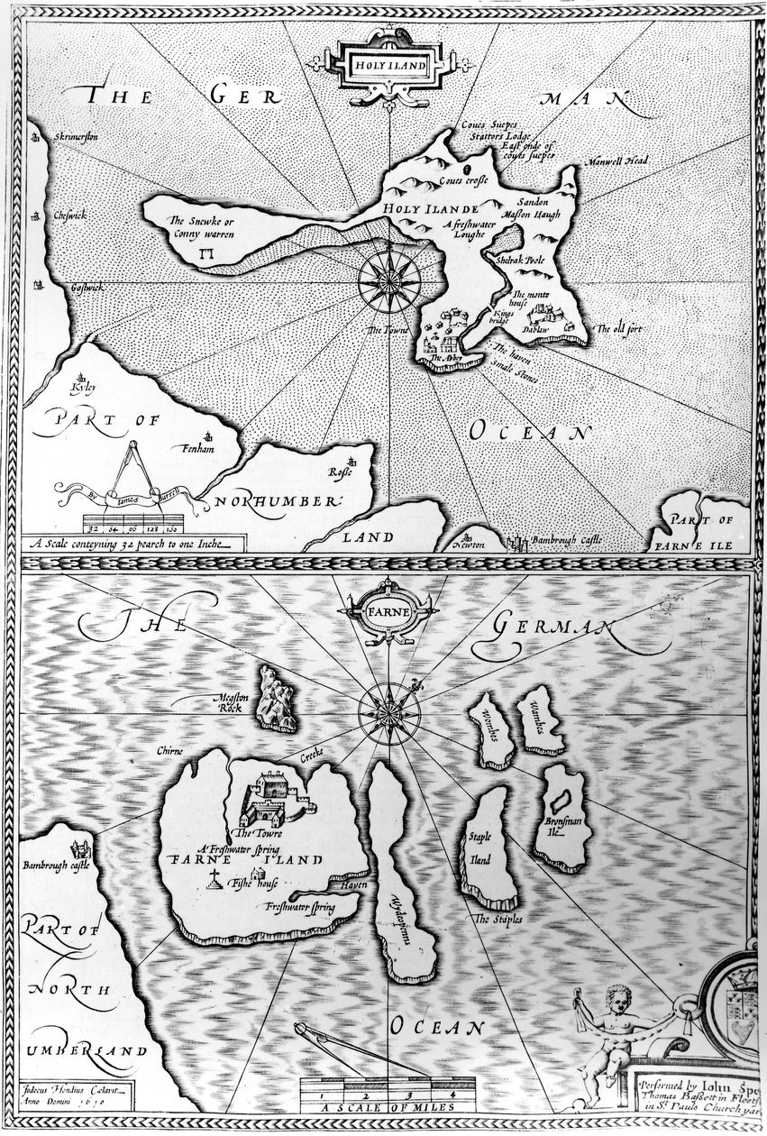 Kartor över Holy Island och Farne Island, Northumberland, från "The Theatre of the Empire of Great Britaine" av John Speed, 1676 av John Speed