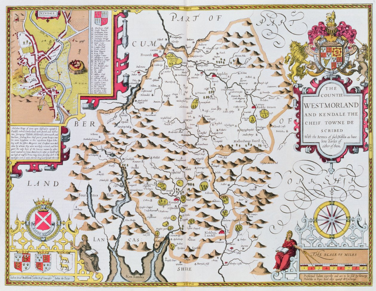 Grevskapet Westmorland, graverat av Jodocus Hondius (1563-1612) från John Speeds Theatre of the Empire of Great Britain, pub. av John Sudbury och George Humble, 1611-12 (handfärgad kopparengra av John Speed
