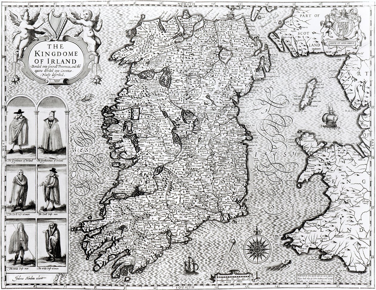 Konungariket Irland, graverat av Jodocus Hondius (1563-1612), "Theatre of the Empire of Great Britain", pub. av John Sudbury och George Humble, 1611-12 (se 108099 för detaljer av John Speed