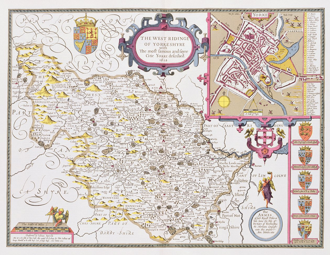 The West Ridinge of Yorkeshyre, graverad av Jodocus Hondius (1563-1612) från John Speeds "Theatre of the Empire of Great Britain", 1611-12 (handfärgad kopparstick) av John Speed