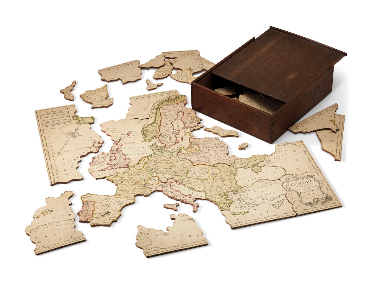 Europa delat i sina kungadömen, ca 1766 (handfärgat graverat ark monterat på trä) av John Spilsbury