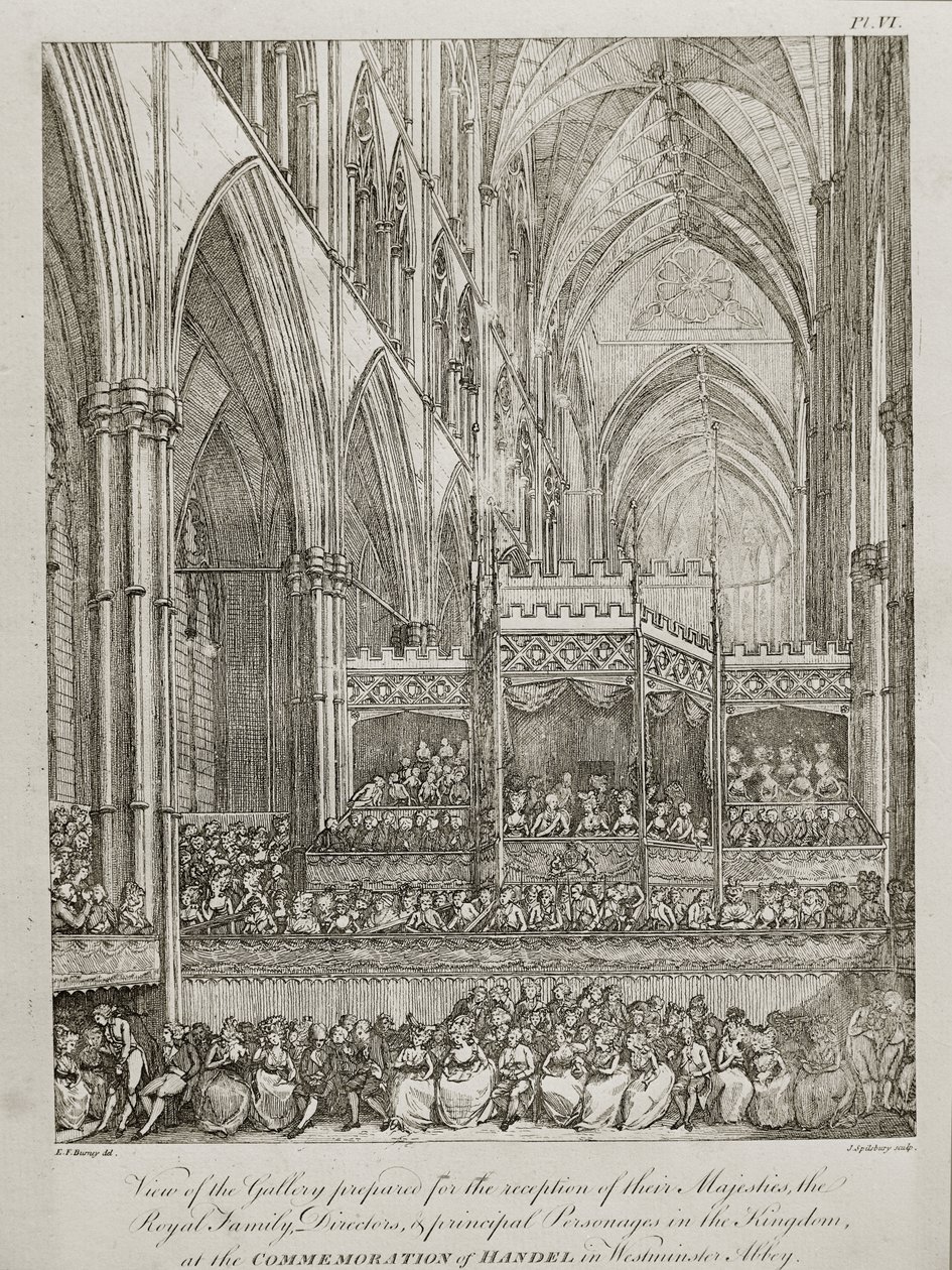konsert för att fira 25-årsdagen av George Frederick Handel (1685-1759) - Utsikt över galleriet förberedd för mottagandet av deras majestäter den kungliga familjen av John Spilsbury