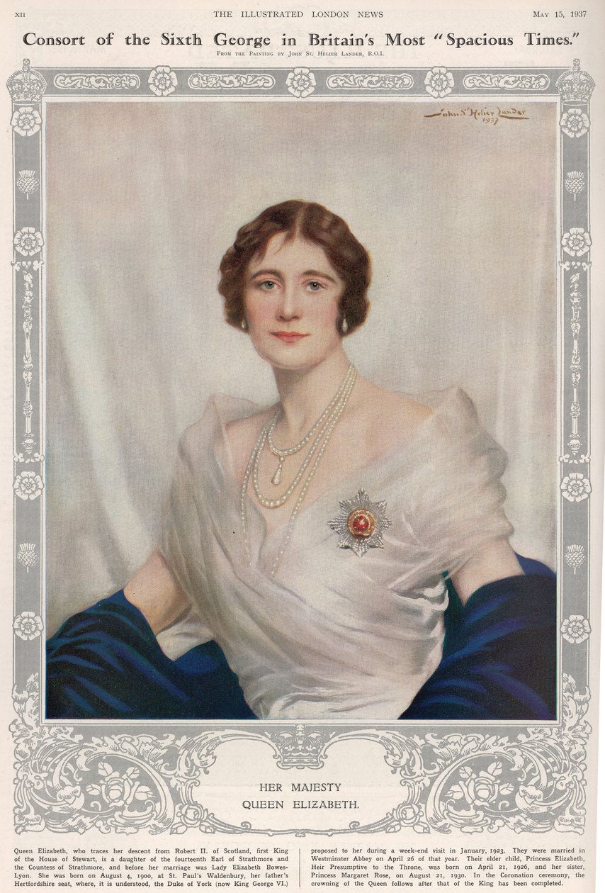 Porträtt av drottning Elizabeth (1900-2002) från "The Illustrated London News", 15 maj 1937 av John St. Helier Lander