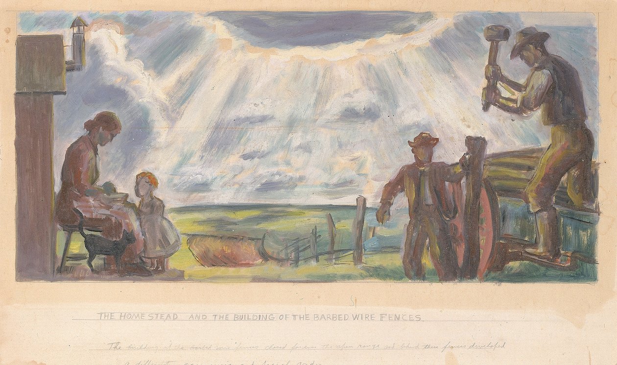 The Homestead and the Building of the Barbed Wire Fences (väggmålning för interiörbyggnad, General Land Office, Washington, D.C.) av John Steuart Curry