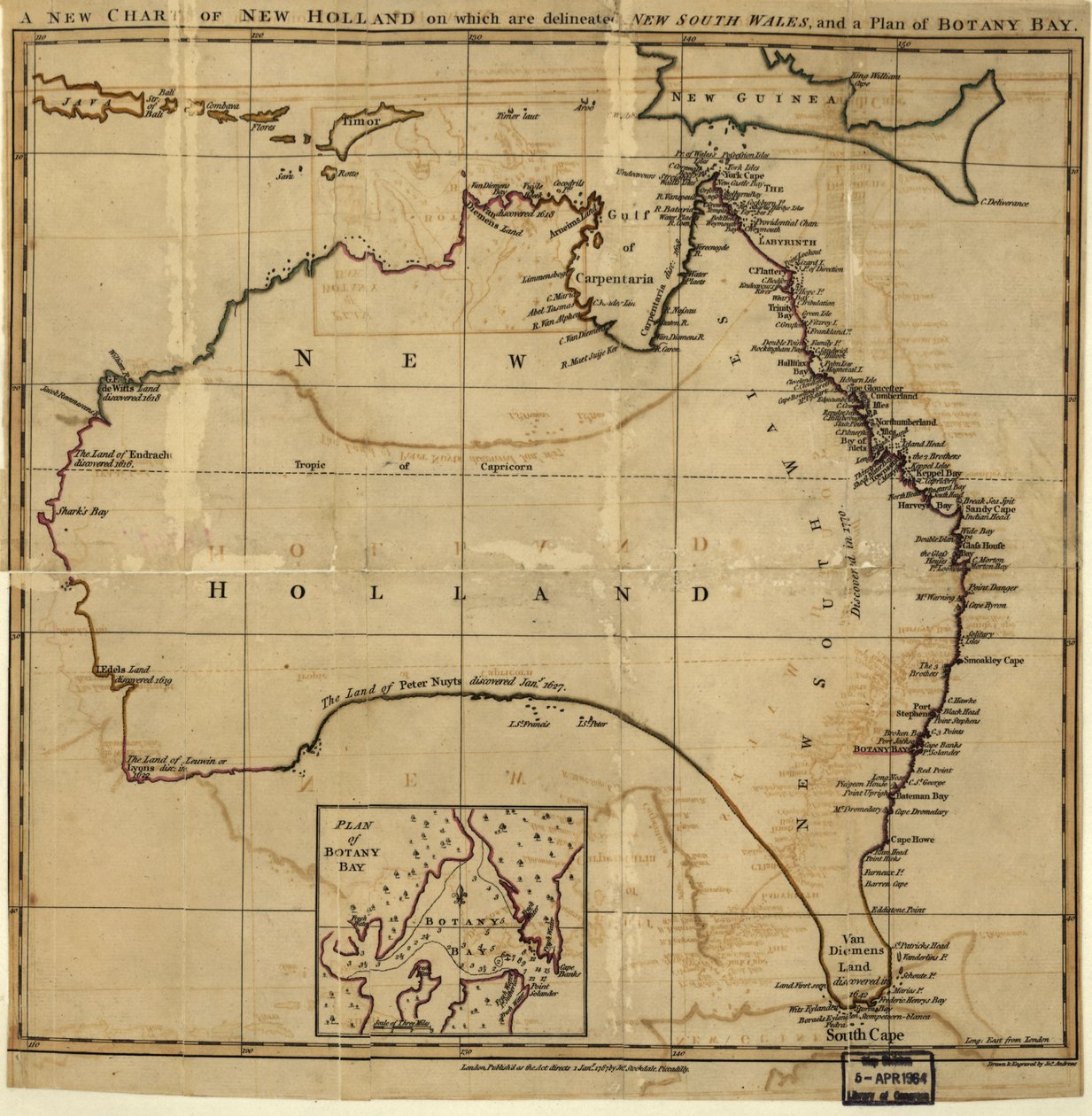 Ett nytt sjökort över New Holland med New South Wale utritat och en plan för Botany Bay. LOC 00556400 av John Stockdale