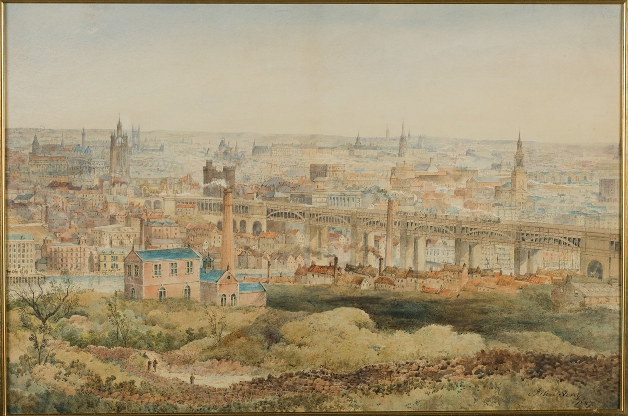 Newcastle upon Tyne från Windmill Hills, Gateshead, 1887 (penna och wc på papper) av John Storey