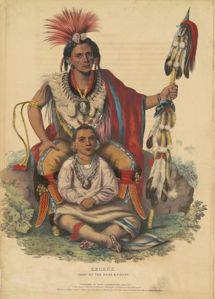 Keokuk, chef för säckarna och rävarna, 1838 (handfärgad litografi på vävt papper) av John T. Bowen