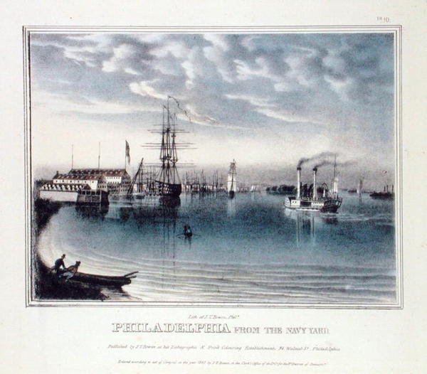 Philadelphia från Navy Yard, ca 1840 (färg litho) av John T. Bowen