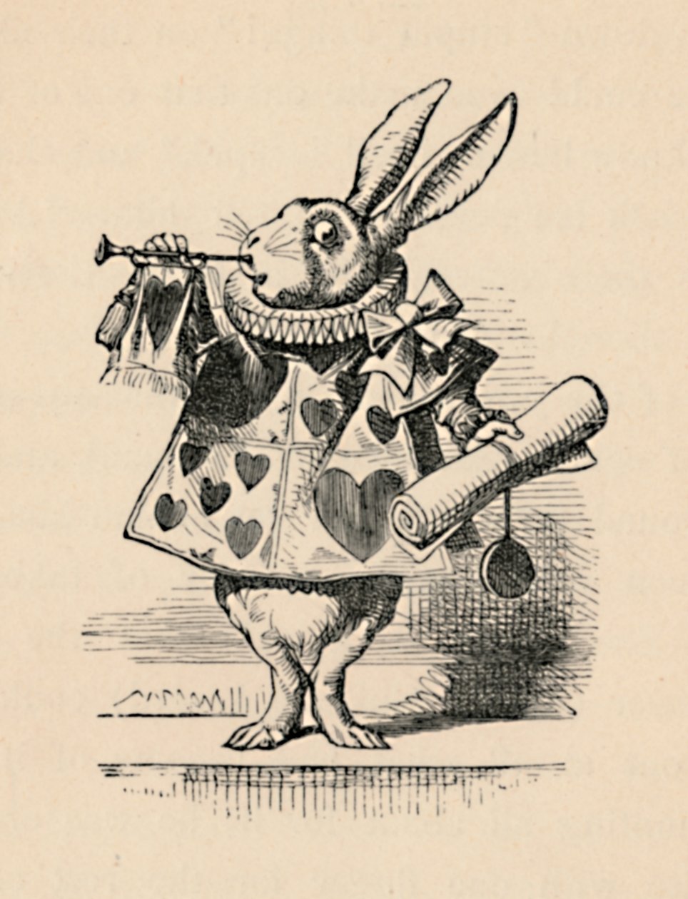 En kanin som hovtjänsteman blåser i trumpet för ett tillkännagivande, 1889 av John Tenniel
