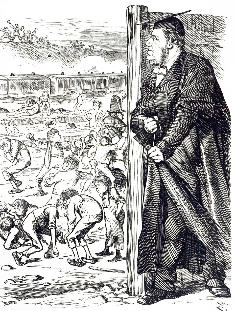 En tecknad serie som föreställer William Vernon Harcourt (1827-1904) som när inrikesministern rekommenderade införandet av björken istället för frihetsberövande för ungdomsbrottslingar. Illustrerad av John Tenniel (1820-1914), en engelsk illustratör, grafi av John Tenniel
