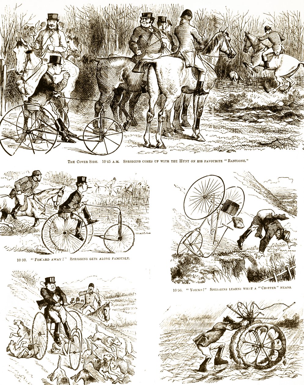 En tecknad film föreställer en man som jagar på en trehjuling. Illustrerad av John Tenniel (1820-1914), en engelsk illustratör, grafisk humorist och politisk serietecknare av John Tenniel