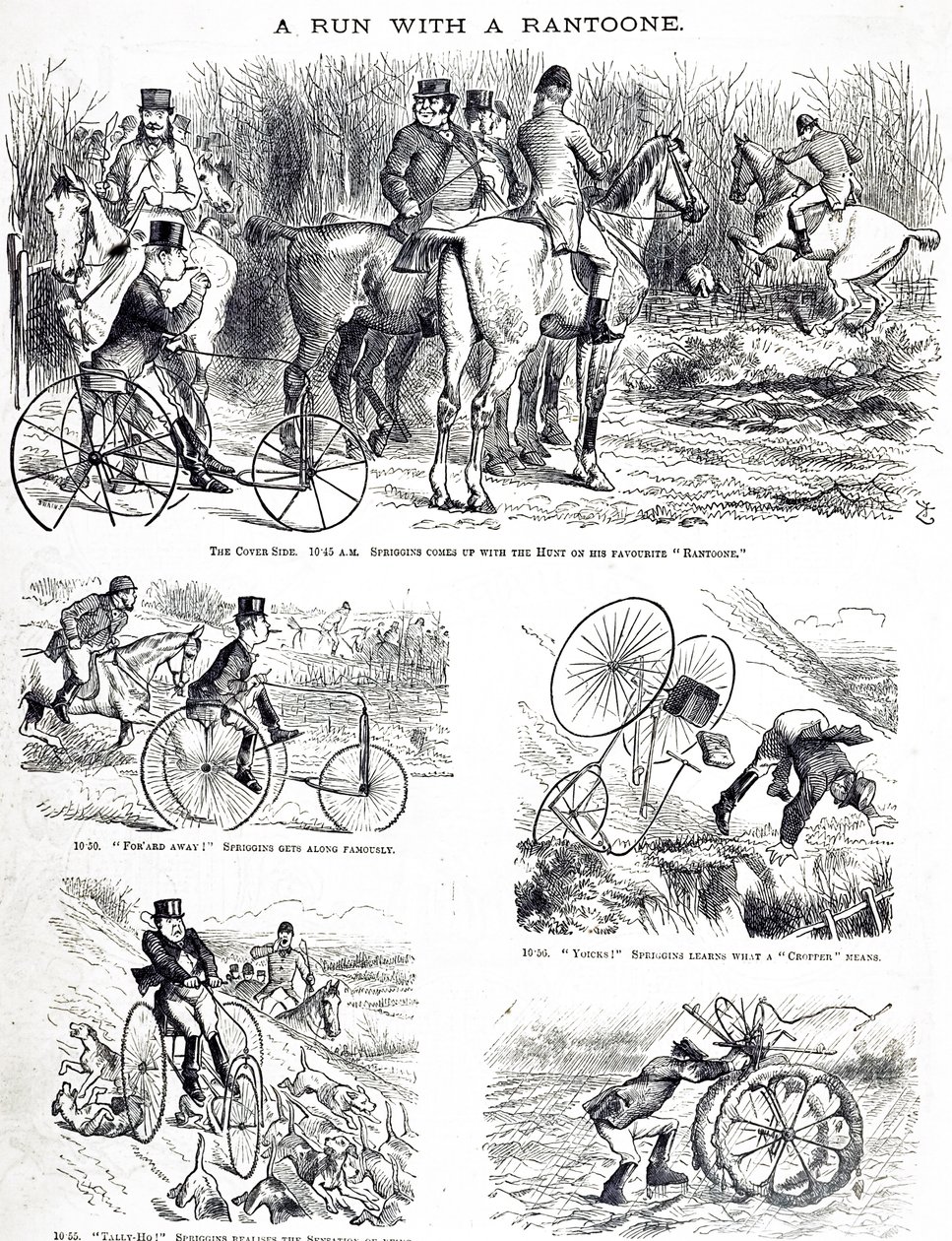 En tecknad film föreställer en man som jagar på en trehjuling. Illustrerad av John Tenniel (1820-1914), en engelsk illustratör, grafisk humorist och politisk serietecknare av John Tenniel