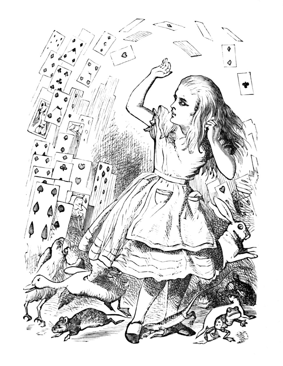 Ett paket kort flyger upp över Alice, 1889 av John Tenniel