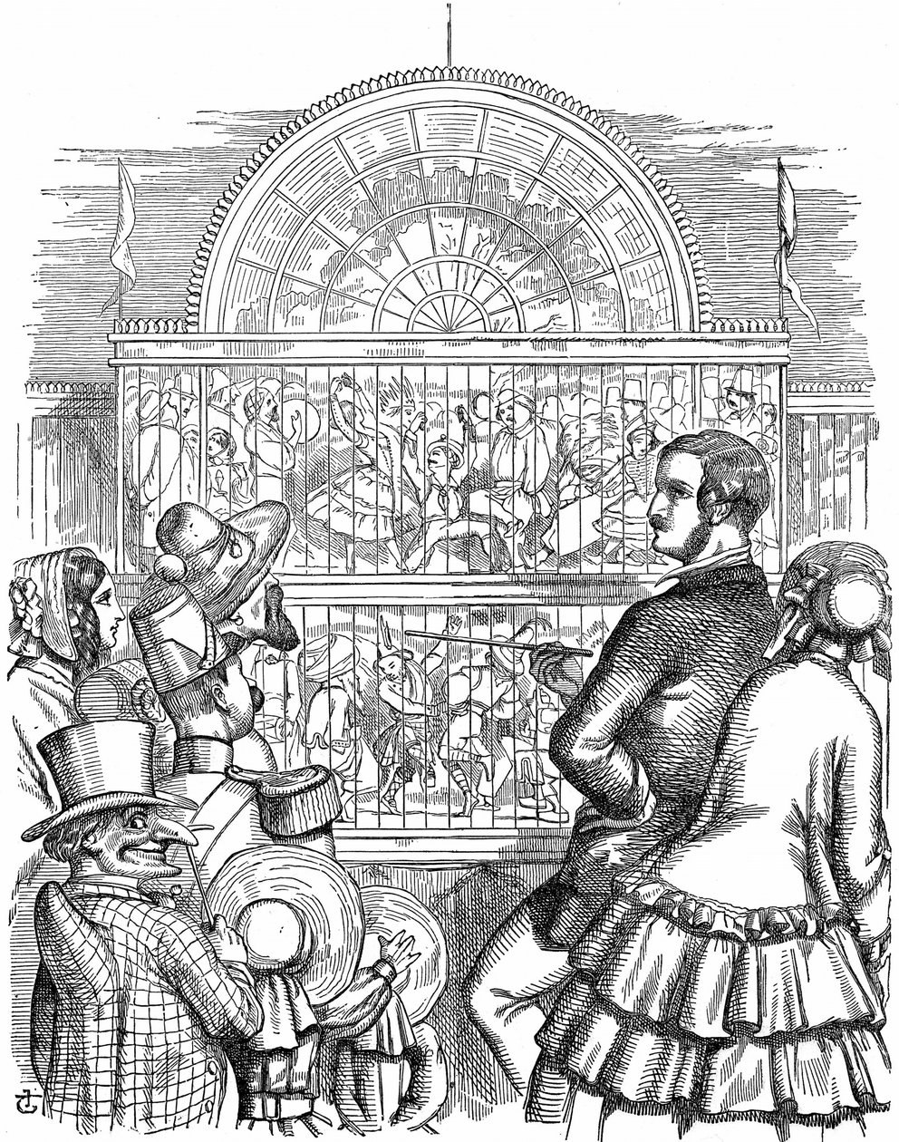 Albert, Prince Consort of Queen Victoria, visar upp Crystal Palace och den stora utställningen i Hyde Park, London. John Tenniel tecknad från Punch London 1851. Trästick av John Tenniel