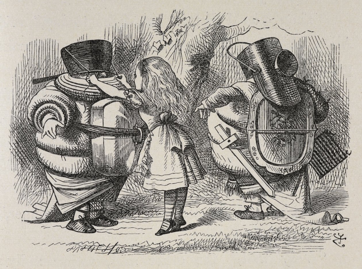 Alice klär ut Tweedledee och Tweedledum. av John Tenniel