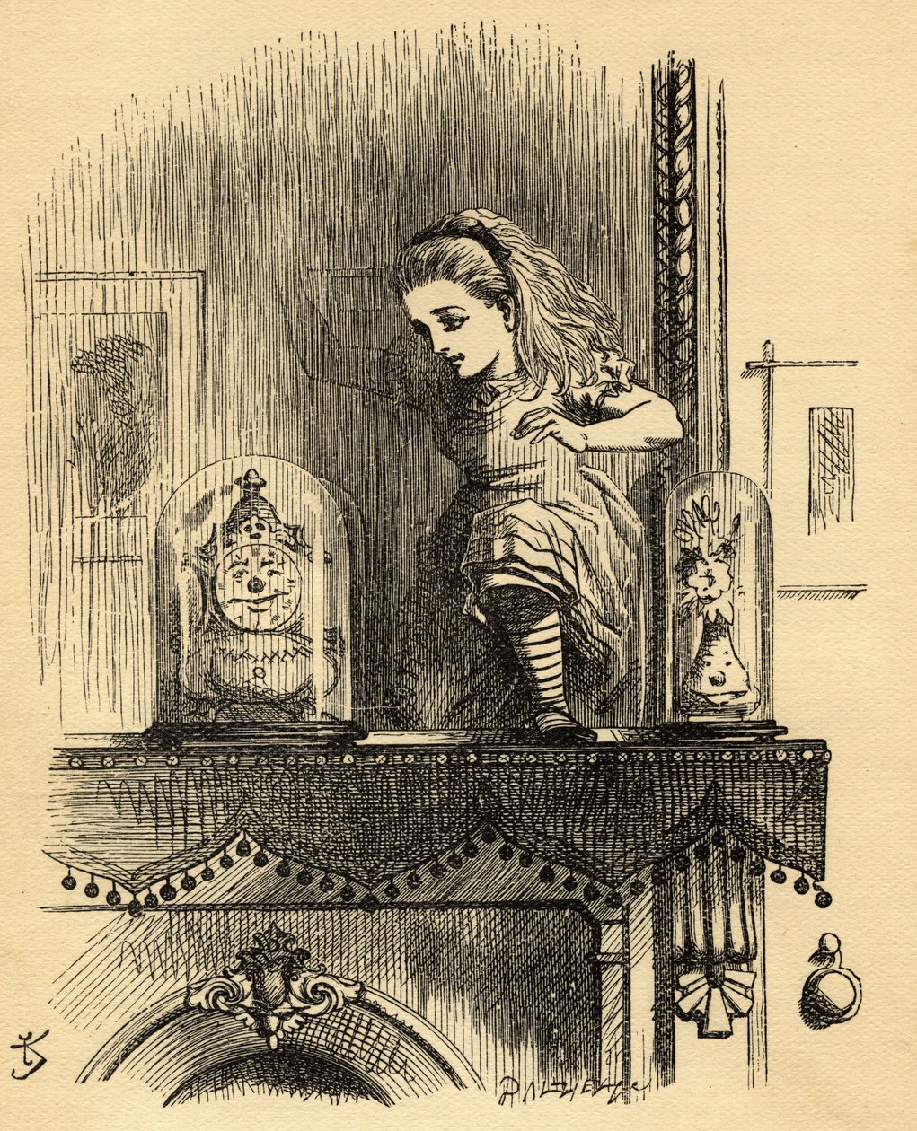 Alice in the Looking Glass House, illustration från "Through the Looking Glass" av Lewis Carroll (1832-98) publicerad först 1871 av John Tenniel