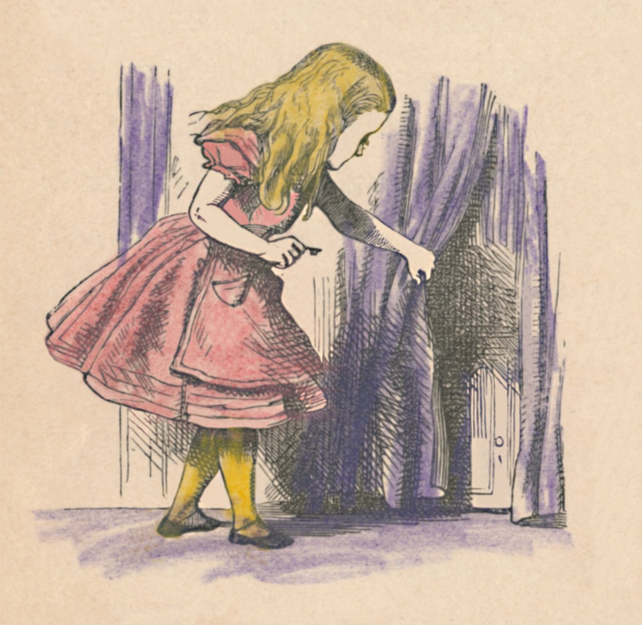 Alice tittar på en liten dörr bakom en gardin, 1889 av John Tenniel
