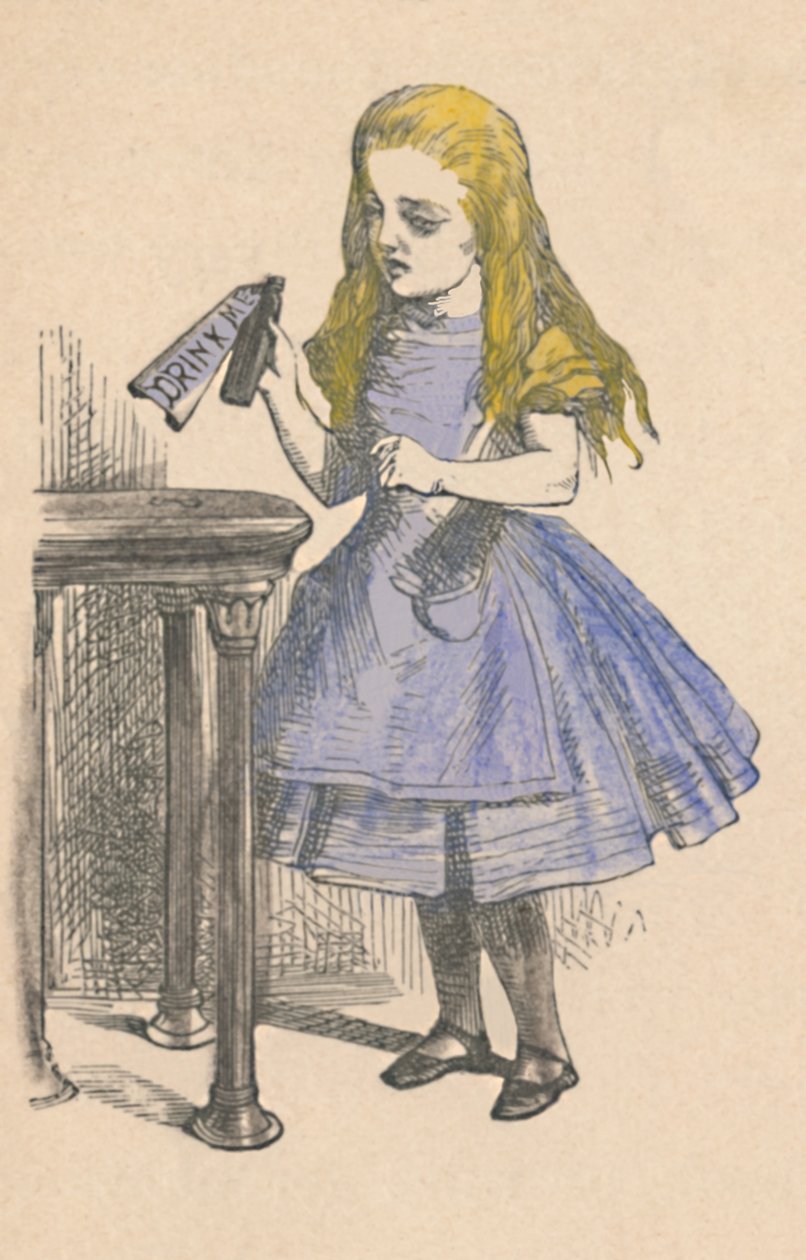 Alice tittar på flaskan med skylten drink me, 1889 av John Tenniel