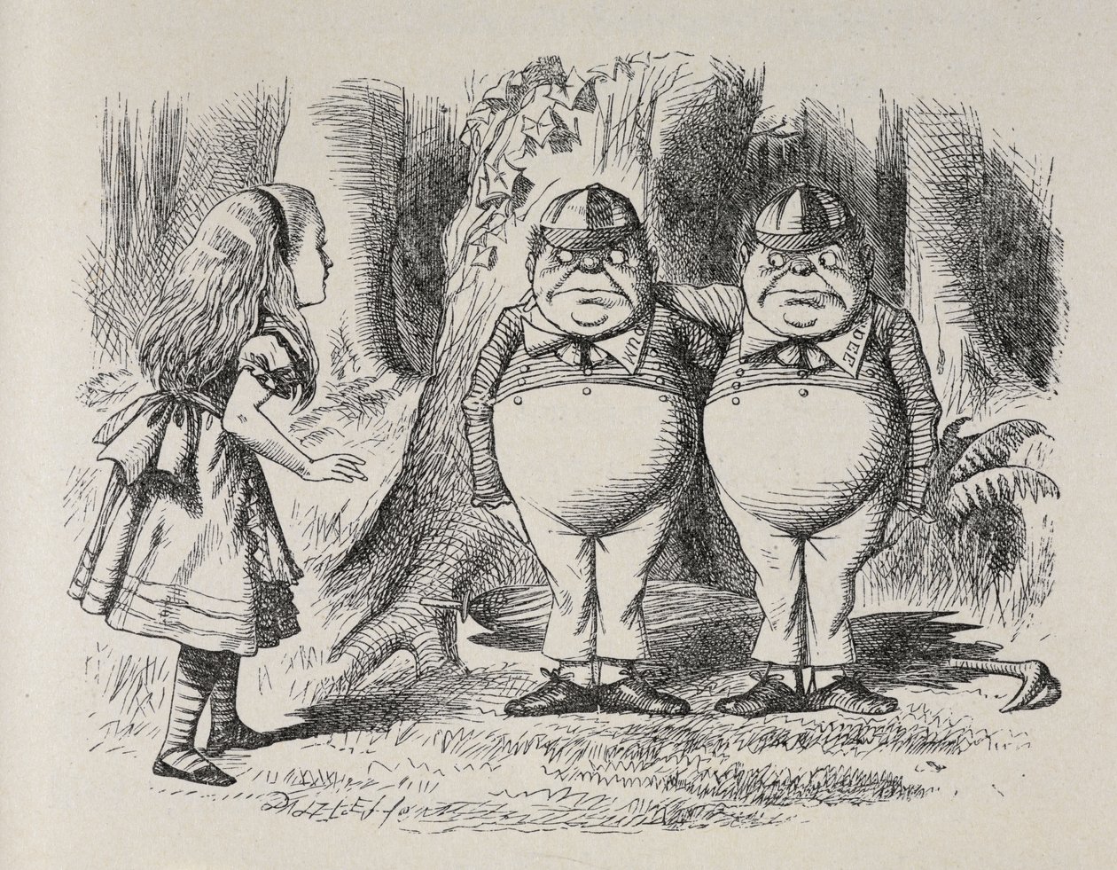 Alice träffar Tweedle Dee och Tweedle Dum för första gången. De stod under ett träd, var och en med en arm om den andras hals, och Alice visste vilken som var vilken på ett ögonblick, eftersom en av dem hade "Dum" broderad på sin krage, och den andra "Dee. av John Tenniel