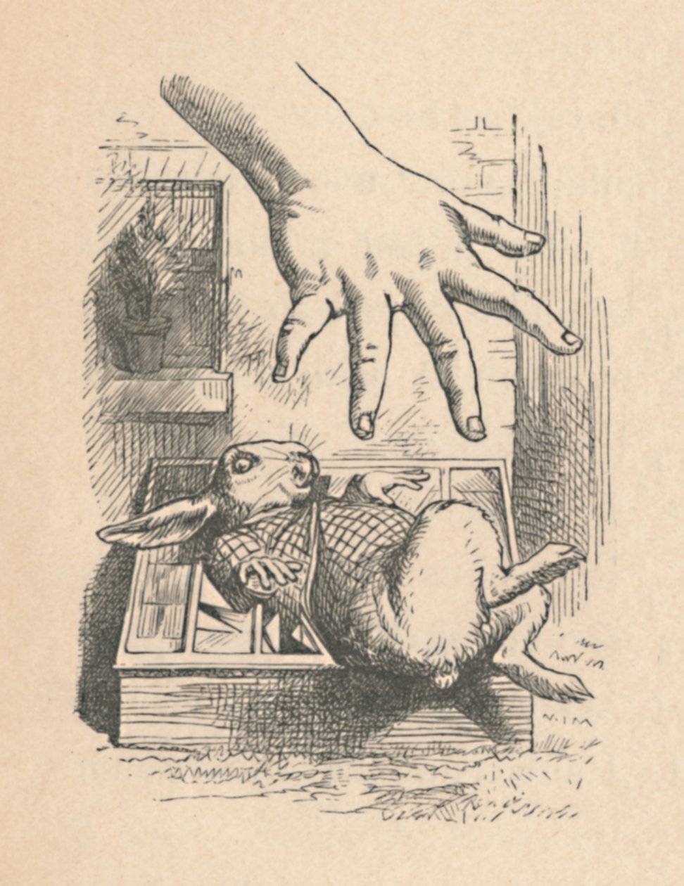 Alice lägger ner handen mot den vita kaninen, 1889 av John Tenniel