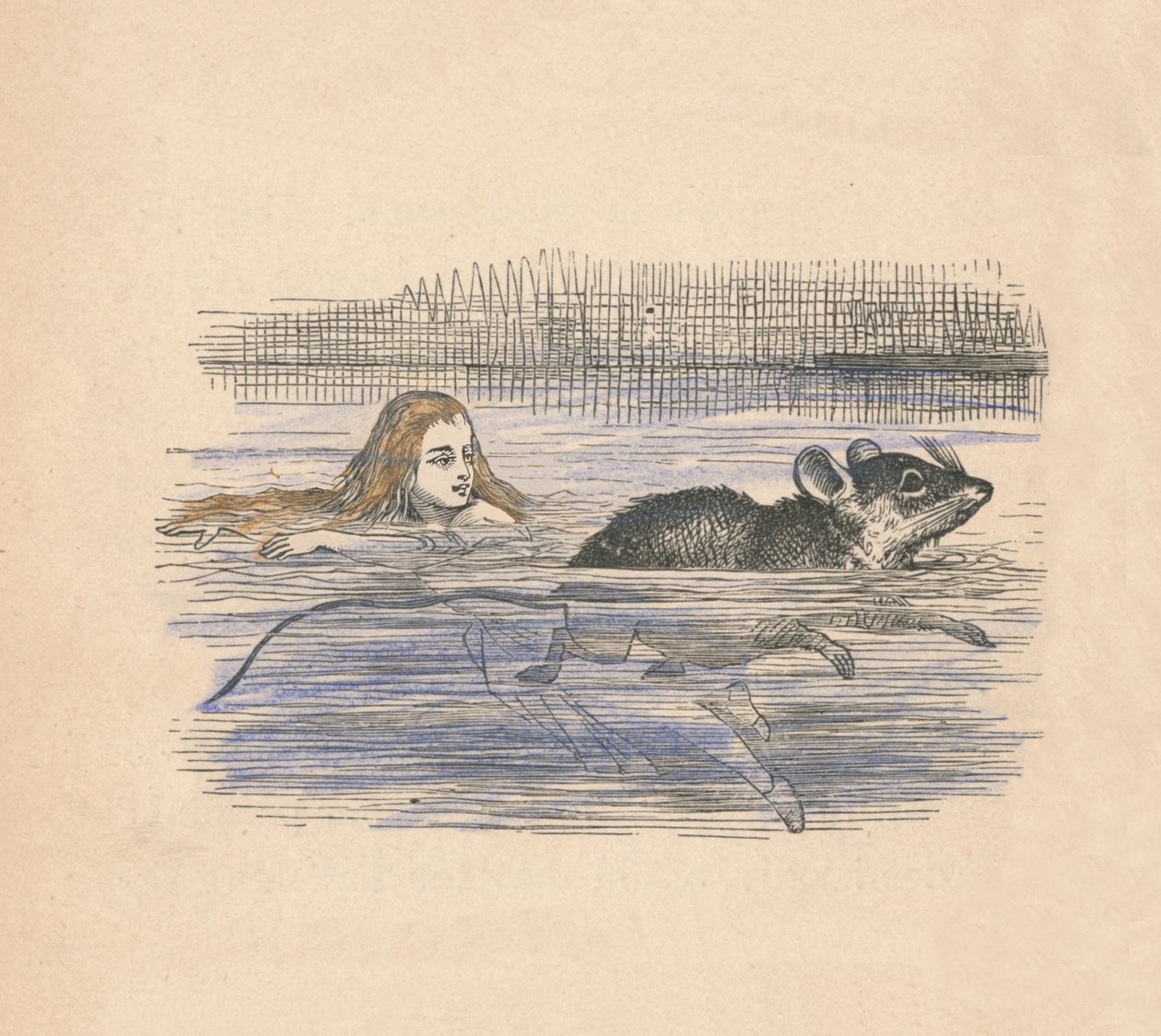 Alice simmar med en mus i en pool, 1889 av John Tenniel
