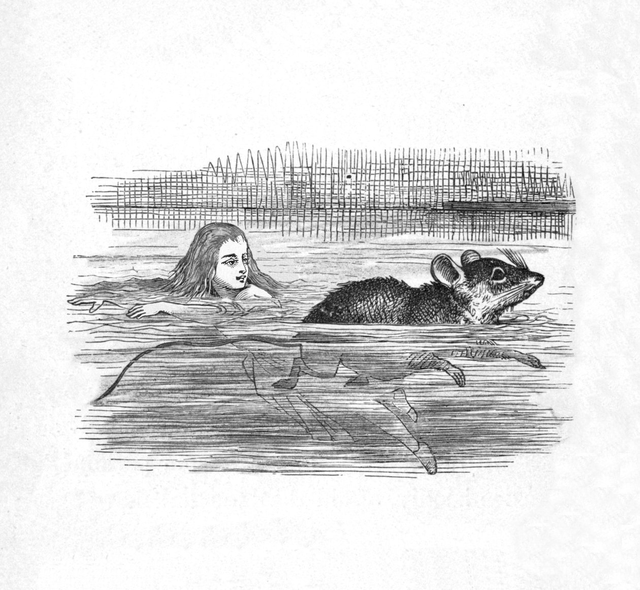 Alice simmar med en mus i en pool, 1889 av John Tenniel
