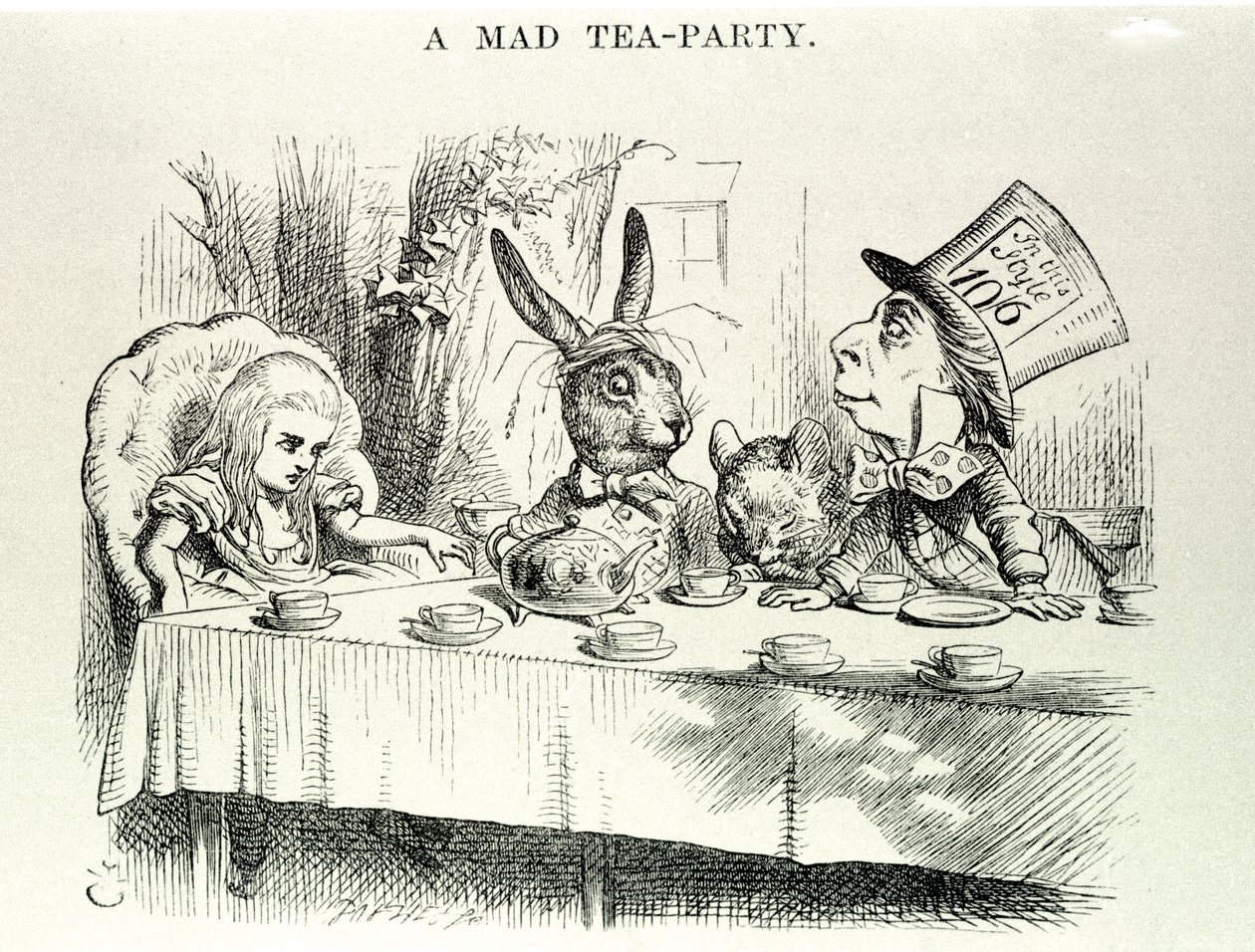 Alice tar Lewis Carrolls "" Alices äventyr i Underlandet och genom glasögonen", illustration av John Tenniel (1820-1914) av John Tenniel