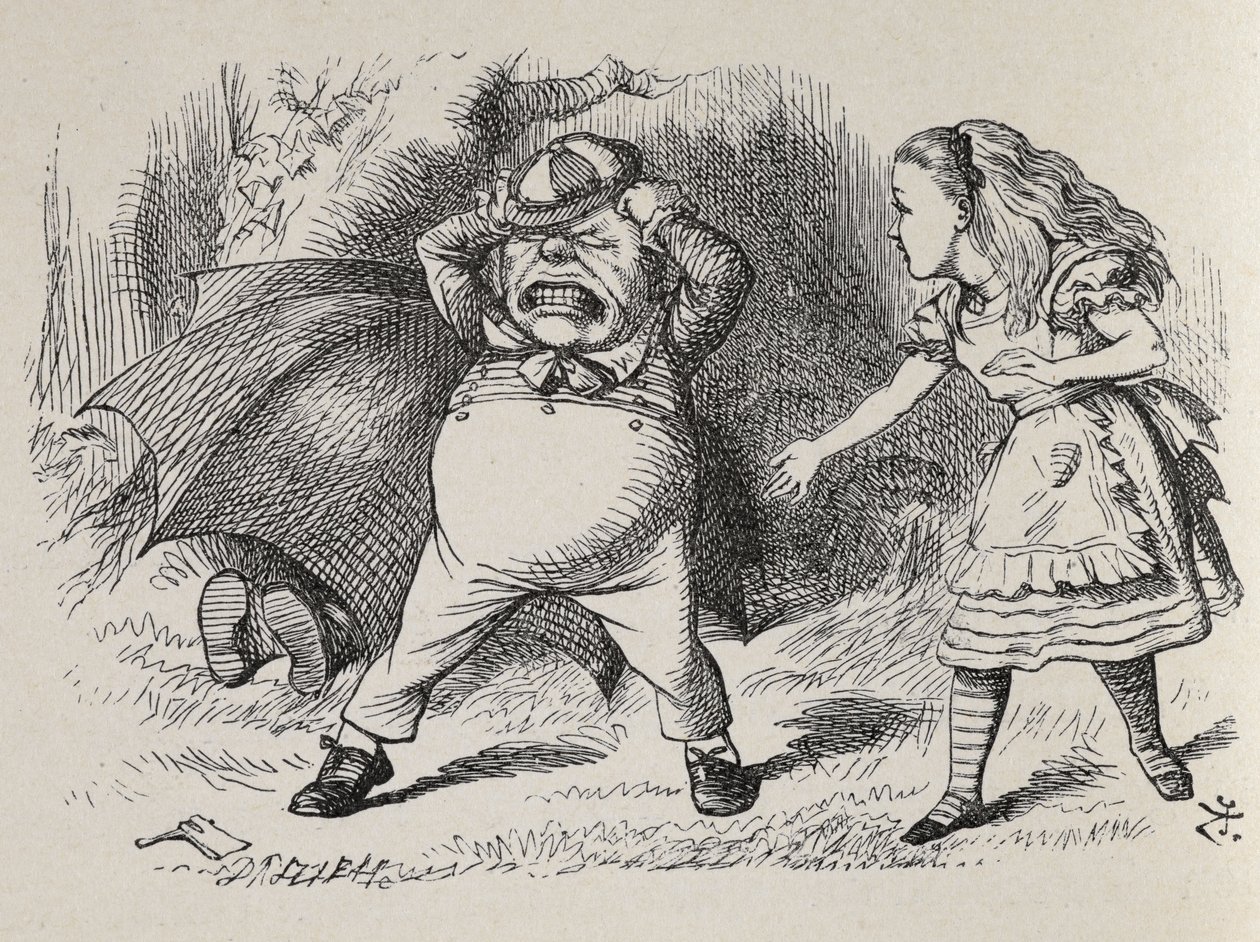 Alice med Angry Tweedledum och gömmer Tweedledee. av John Tenniel